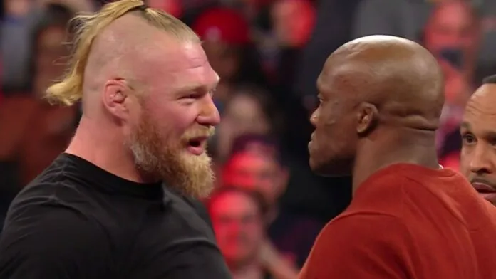 Brock Lesnar konfrontiert den Champion Bobby Lashley bei WWE Raw (14. Februar 2022) / Bild: (c) 2022 WWE. All Rights Reserved.
