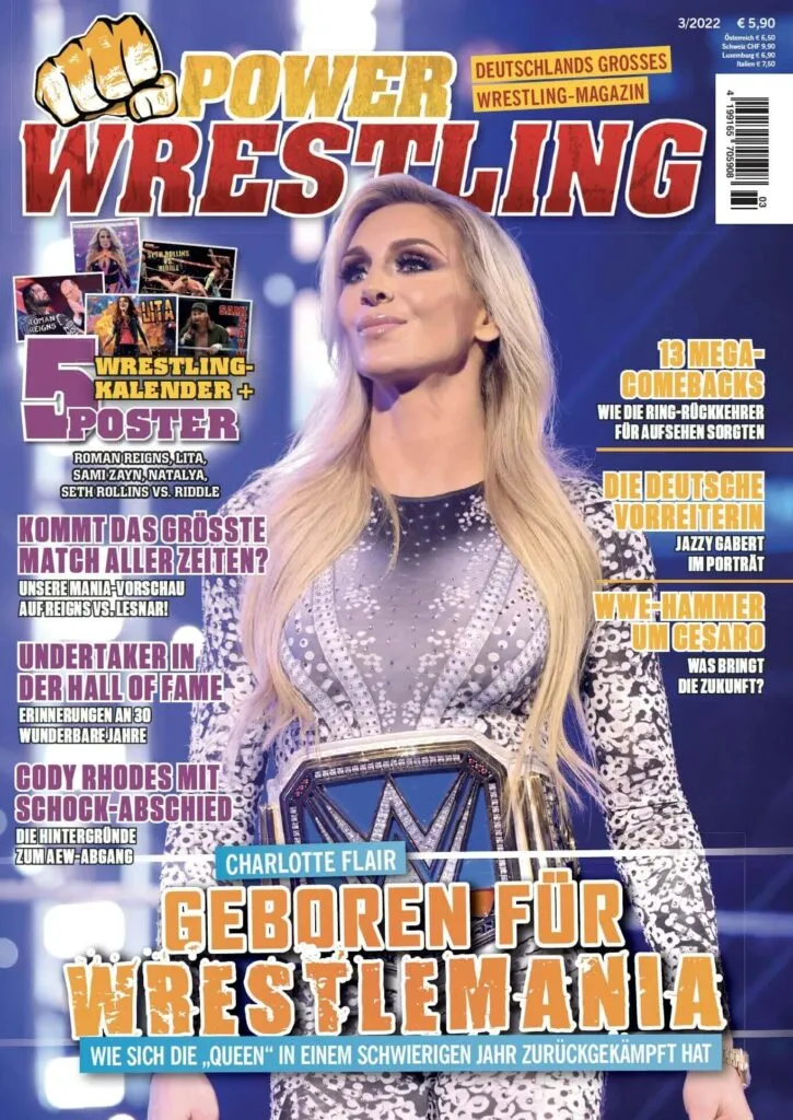 Power-Wrestling März 2022 mit WWE-Superstar Charlotte Flair auf dem Cover