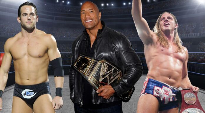WWE-News mit Roderick Strong, The Rock, Matt Riddle (v.l.n.r.)