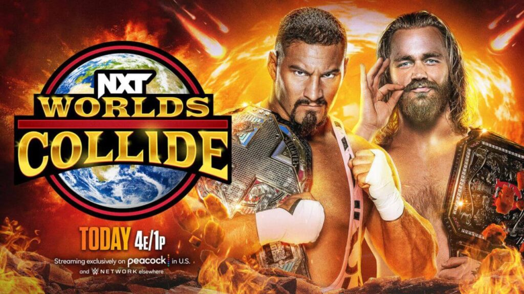 NXT Champion Bron Breakker vs. NXT UK Champion Tyler Bate bei "Worlds Collide" / Grafik: (c) WWE