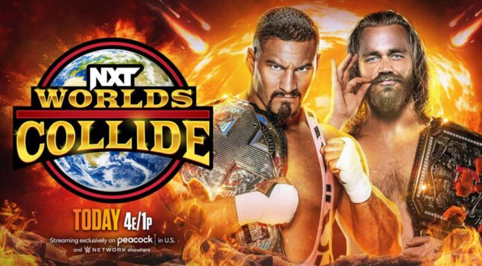 NXT Champion Bron Breakker vs. NXT UK Champion Tyler Bate bei "Worlds Collide" / Grafik: (c) WWE