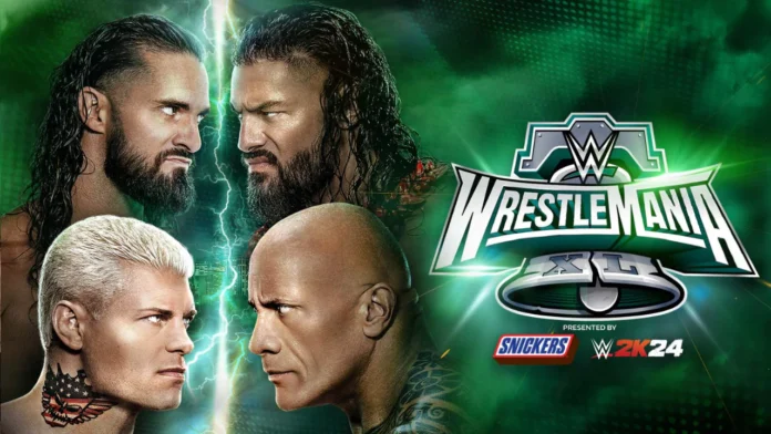 Cody Rhodes en Seth Rollins vs. The Rock en Roman Reigns op WrestleMania XL zaterdag / (c) 2024 WWE